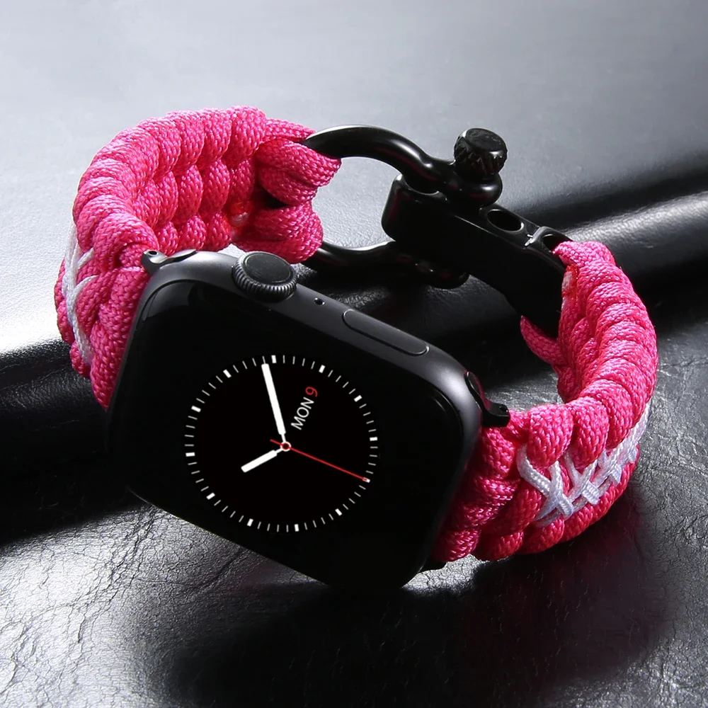 Survival Outdoor Braided Band for Apple Watch 49MM 45mm 44mm 42mm Rope Strap for Iwatch 7 6 5 4 8 9 SE 40mm 41mm Nylon Bracelet: XXL / Rose Pink  