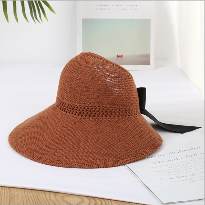 Sombrero de playa con lazo para mujer, gorra de ala ancha plegable, protección solar, visera vacía