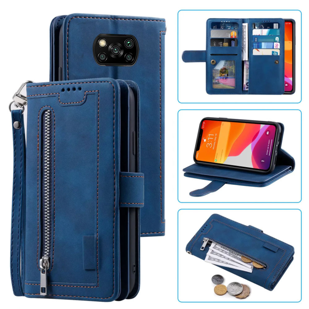 9 Kaarten Wallet Case Voor Xiaomi Poco X3 Nfc/X3 Pro Telefoon Geval Card Slot Rits Flip Folio Met polsband