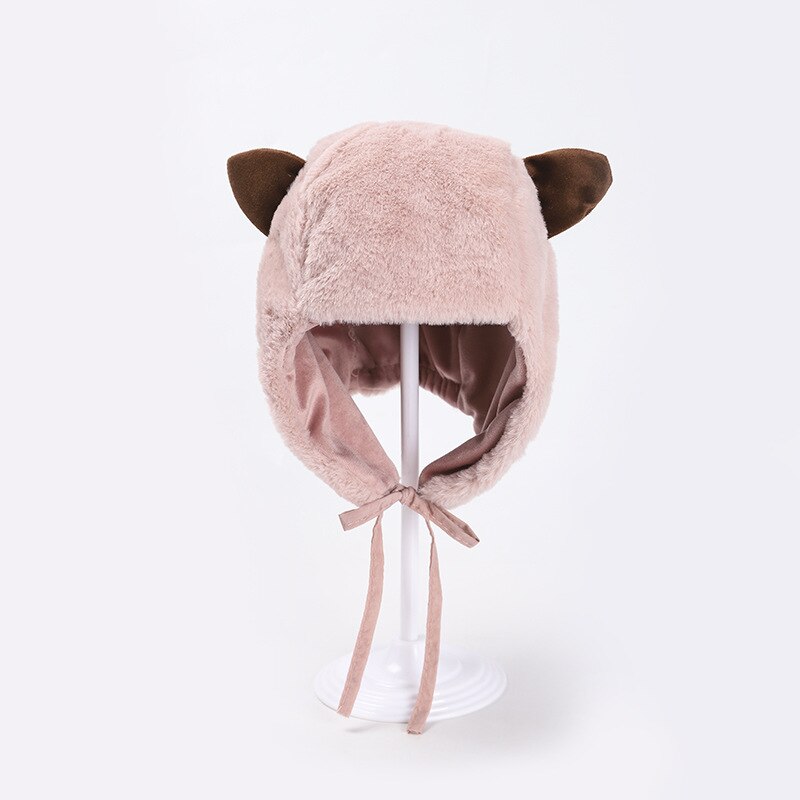 Leuke Kat Kids Hoeden Warme Dikke Bont Pluche Jongens Meisjes Winter Caps Effen Peuter Motorkap Oor Flap Mof Kinderen hoeden 4 Kleuren: Pink