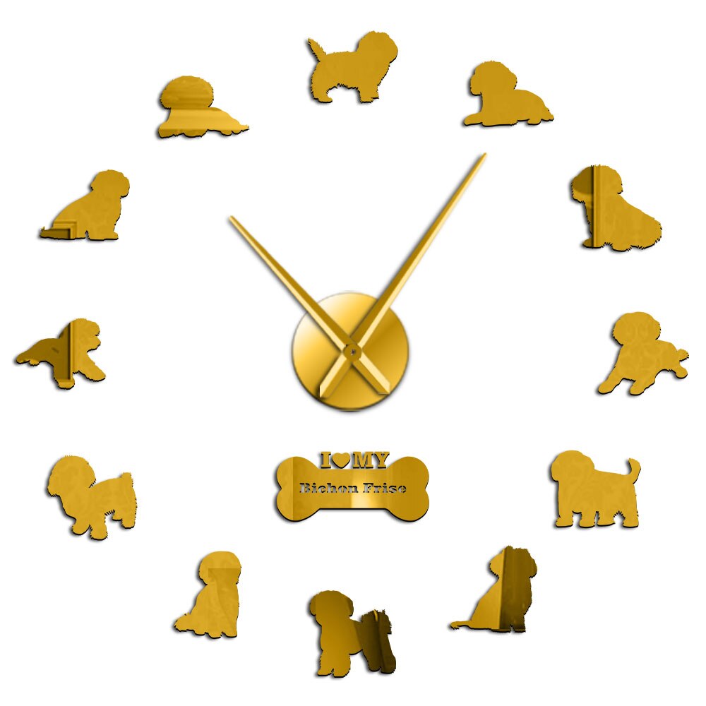 Bichon Frise Dog Breed Pug DIY Wall Clock Modern Wall Watches Animal Pet Decorative Large Big Clock Wall Sticker 3D Clock: Gold / 47inch