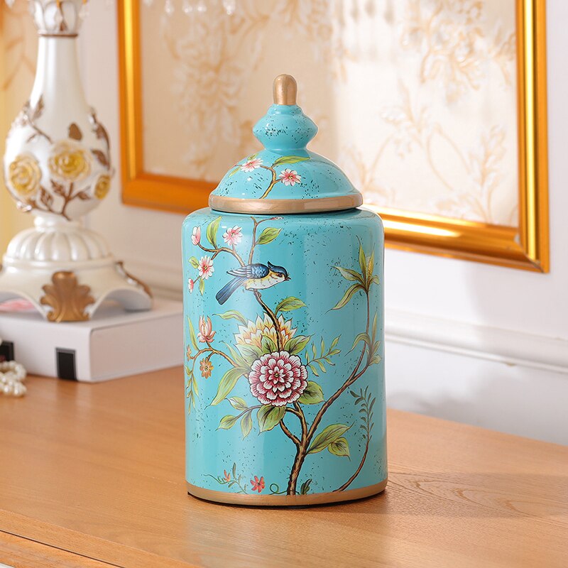 Bocaux de rangement en porcelaine à motifs de fleurs peintes, pot à bonbons Antique, boîte à thé, Vase en céramique polyvalent, décor Vintage pour la maison: Blue Middle