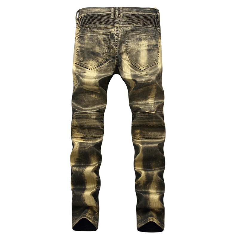 Men's Biker Jeans Pants Print Gold Silver Coated Slim Skinny Denim Trousers For Male Pleated Trousers Plus Size 40