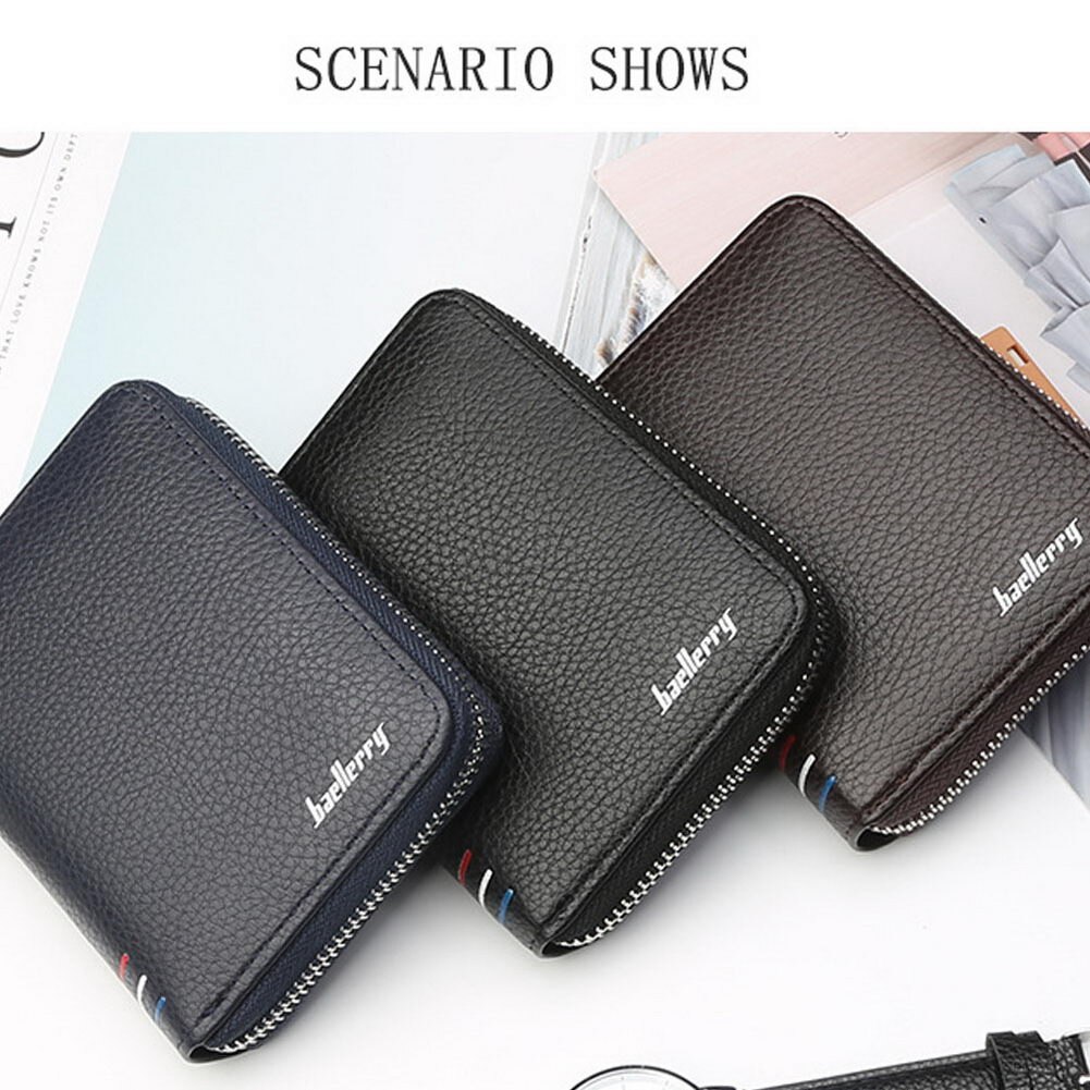 Mens PU Leather Zipper Wallet Zip Around Purse Bifold Multi Card Holder