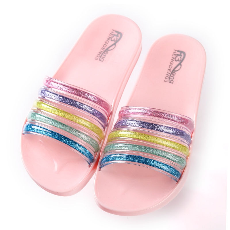 Transparent arc-en-ciel adolescent filles pantoufles enfants maison chaussures été cristal pantoufles intérieur maison antidérapant salle de bain pantoufles: Rose / 40