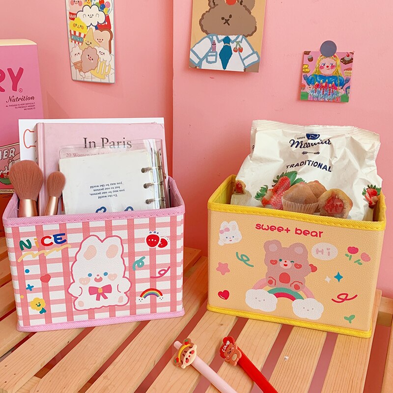 Cesta de almacenamiento de oso no tejido para niños, organizador de escritorio, caja de almacenamiento de artículos diversos, cestas plegables, soporte para papelería de oficina