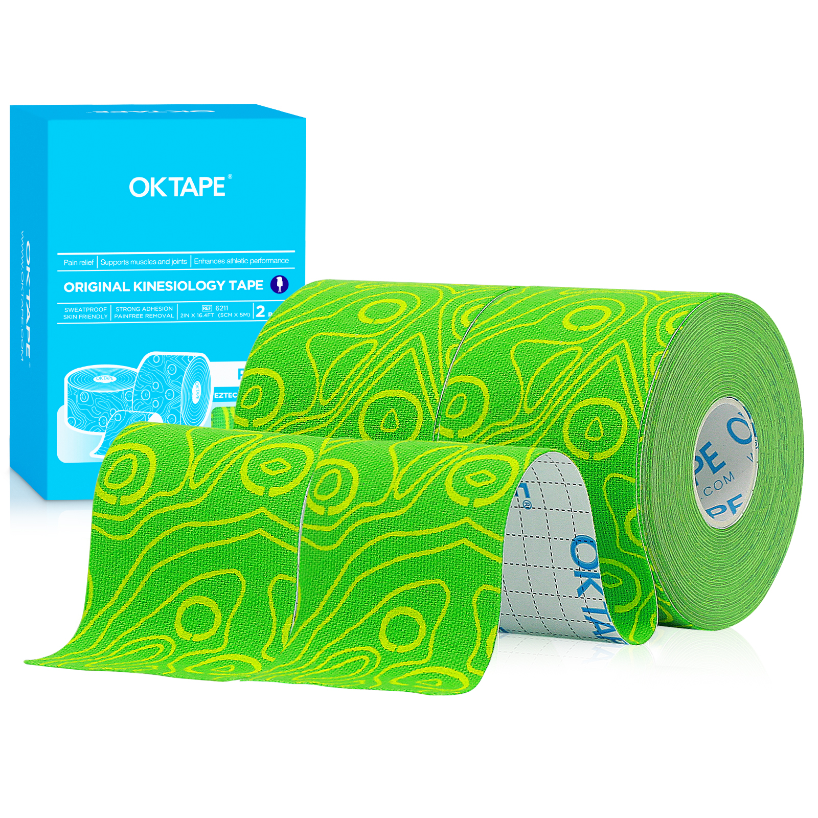 2 Rollen OK Band Profi Kinesiologie-Band, neue Verpackung, 5 cm x 16 Fuß, frei geschnittenes Klebeband, aktualisiertes elastisches Sportband, therapeutisches latexfrei: Armee Grün