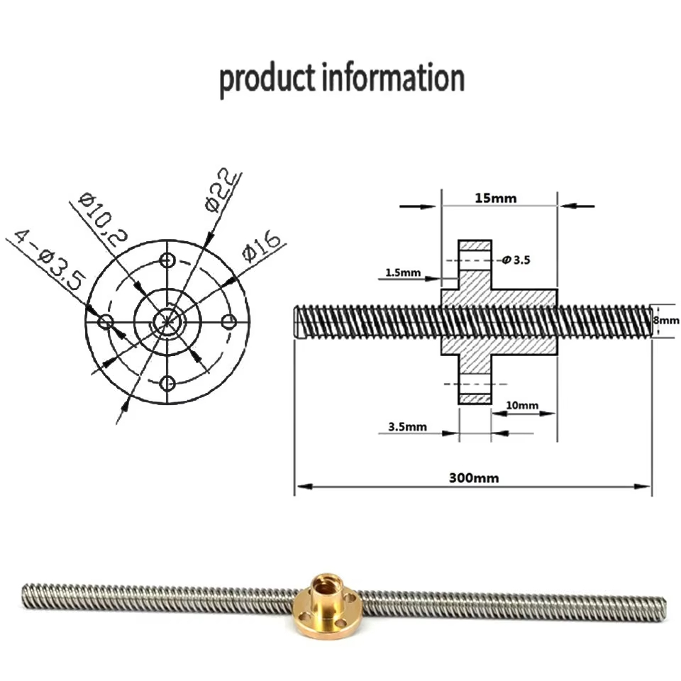 3D Printer CNC THSL-500-8D Length 100/150/200/250/300/400/500mm T-type Stepper Motor Trapezoidal Lead Screw 8MM Thread T8