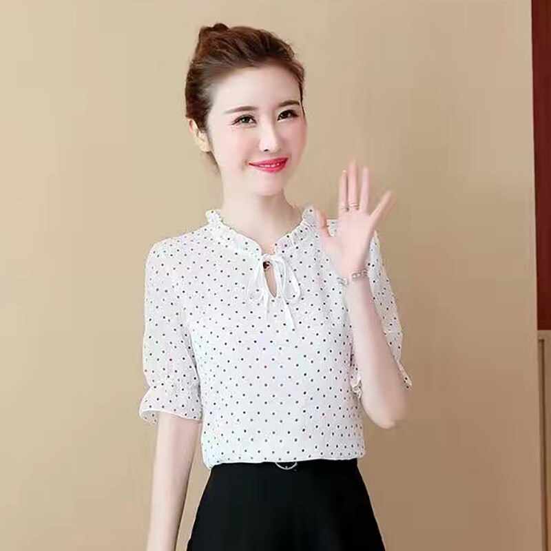 Kvinder forår sommer stil chiffon bluser skjorter dame casual korte lanterne ærmer prikkede print blusas toppe  dd8822