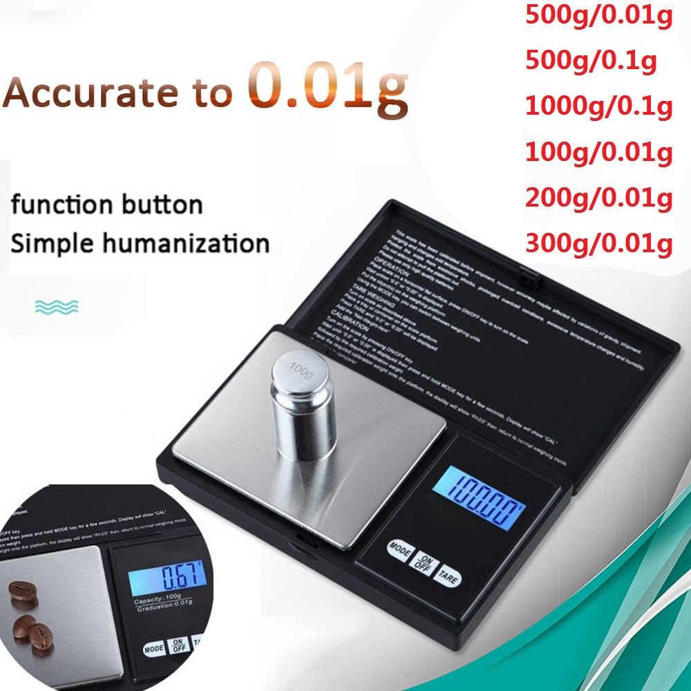0,01/0,1g de alta precisión Digital de cocina escala de 100g-1000g LCD Mini Balanza de bolsillo de ponderación Gram Escala electrónica de la joyería de oro