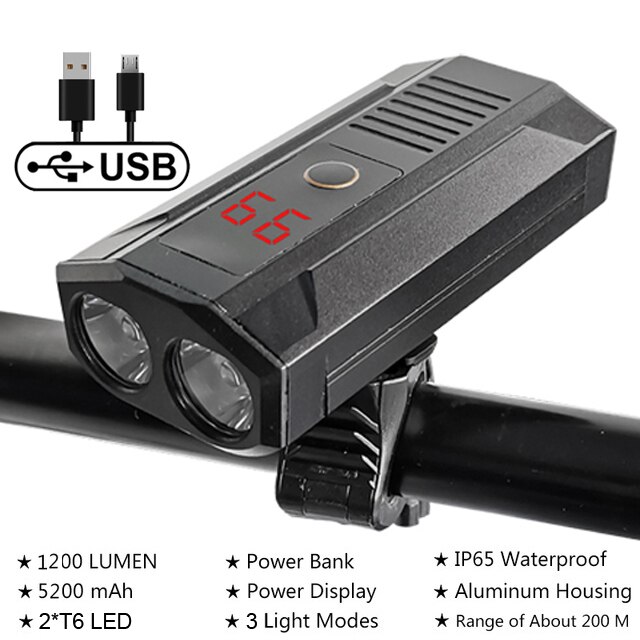 NEWBOLER-faro delantero para bicicleta de montaña, linterna de 1200 lúmenes, batería externa de 5200mAh, recargable vía USB, resistente al agua IPX5: NB-LIG026A