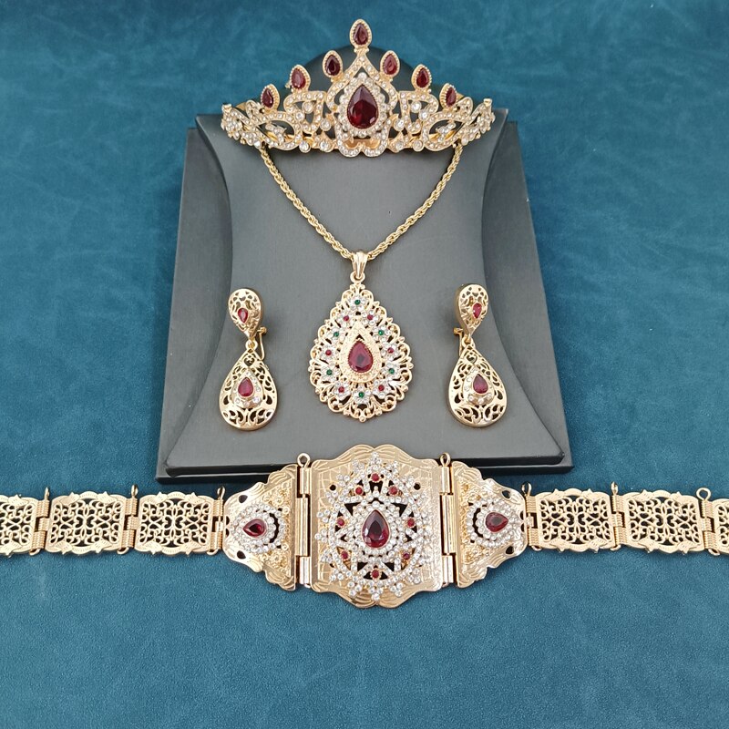 Set di gioielli da sposa arabi, catena in vita dorata, orecchini, collane, Set di copricapo da donna con catena in vita marocchina: set  3