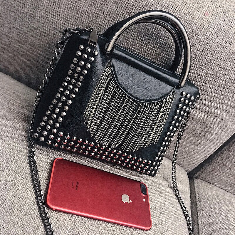 Punk Style Women Bag Top-handle PU Leather Handbag with Rivet and Tassel Purse Women&#39;s Shoulder Bags Small Cross Body Bag Chain