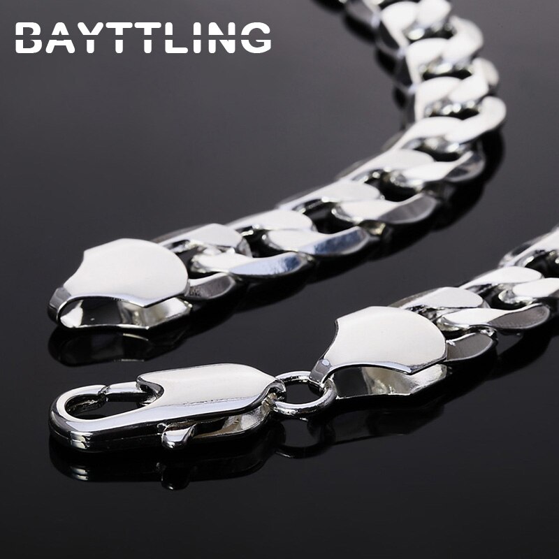 BAYTTLING 925 Plata 18/20/22/24/26/28/30 pulgadas 12MM laterales completos Cuba collar de cadena para los hombres y las mujeres joyería de