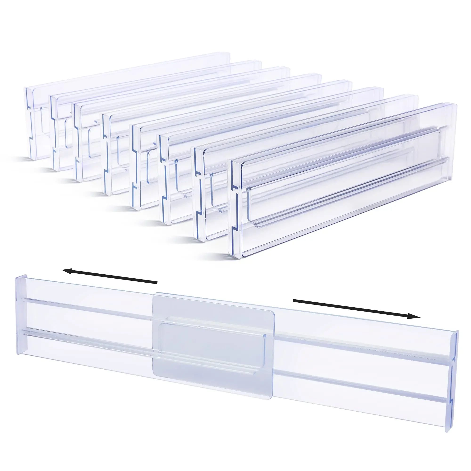 Separadores de cajones de plástico transparente para ropa, organizadores ajustables para almacenamiento de cajones de cocina, 8 paquetes: Plata