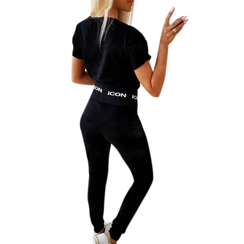 Letter Print Women Sports Tracksuit Short Sleeve Crew Neck T-Shirts Elastic High Waist Pants 2Piece Set Casual Sweatsuit