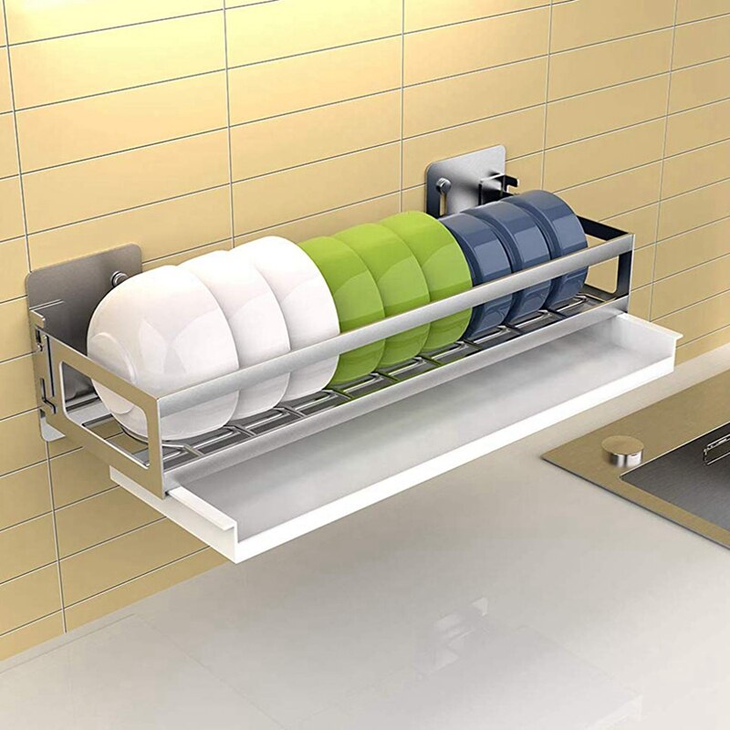 Afdruiprek voor aan de muur gemonteerde plank, roestvrijstalen multifunctionele afdruiprek voor in de keuken, kommenrek met afdruipplaat