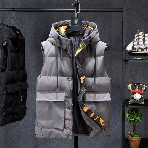 Herren Winter Jacken Casual Westen Männer Sleeveless Hoodie Mäntel Männlichen Baumwolle Padded Warme Dünne Große Tasche Weste: Grau / XXXL