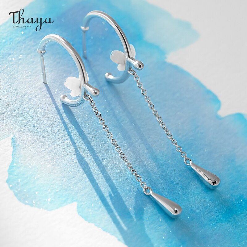 Thaya 925 Zilveren Vrouwen Oorbel Peachblossom Leuke Stud Earring Dangle Chain Party Prachtige Pendientes Fijne Sieraden