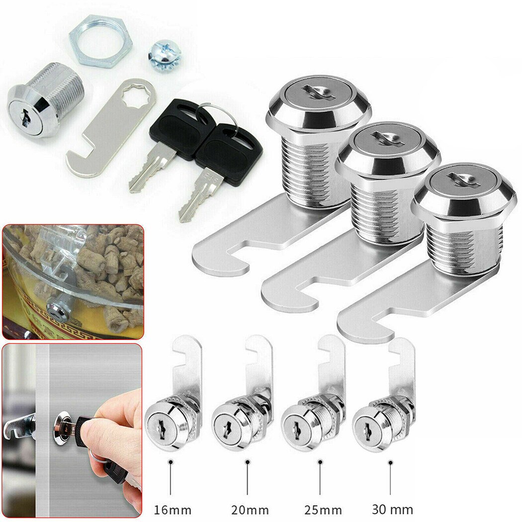 16/20/25/30mm Latch Cam Lock Door Barrel 90 Degree With 2 Key 8mm Hole Suitable For Filing Cabinet Locker Drawers