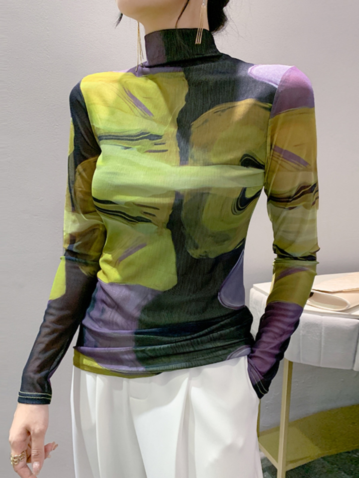 Size S-4XL Women's Long Sleeve Turtleneck Mesh T-shirt Women's Positioning Flower TShirts Female High Stretch Slim Top: 4XL / black