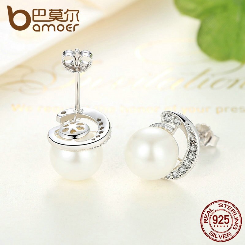 BAMOER Pearl Earrings Jewelry 925 Sterling Silver White Pearl Push-back Stud Earrings For Women Jewelry SCE021