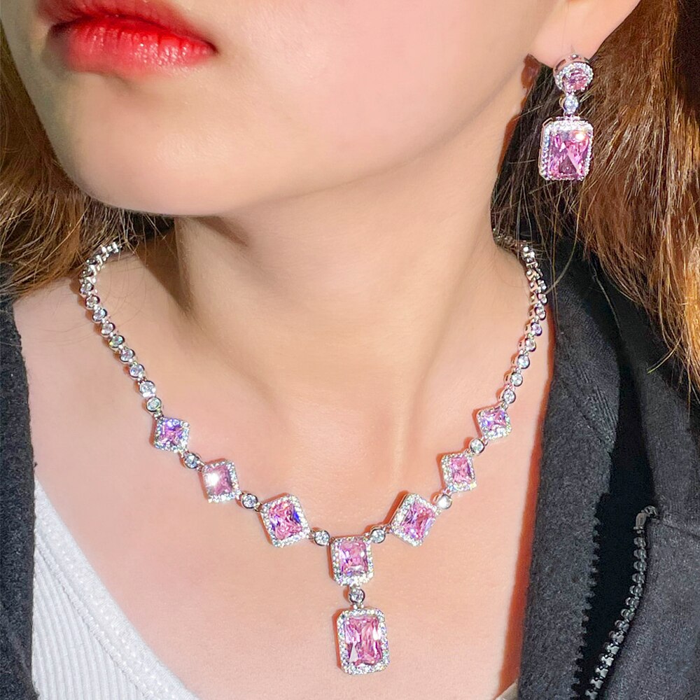 Threegraces Elegante Geel Zirconia Geometrische Plein Oorbellen Ketting Bruids Bruiloft Sieraden Set Voor Vrouwen TZ694