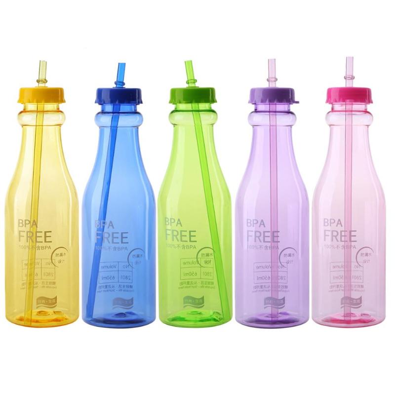 601-700Ml Draagbare Sport Fles Water Reizen Plastic Vruchtensap Infusie Fles Water Cup Met Stro Spus