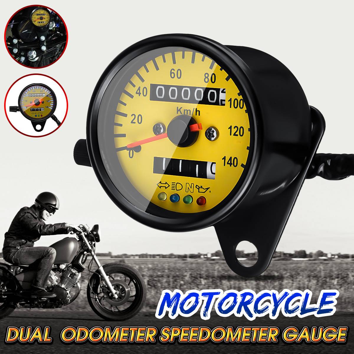 Universel motorcykel ført baggrundsbelysning dobbelt kilometertæller km / t speedometer gauge mini retro omdrejningstællerinstrumenter