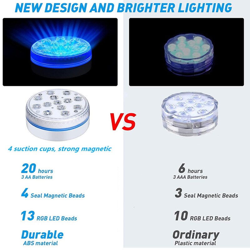 Updated Submersible Light Magnet Suction Cups IP68 Waterproof RGB Underwater Pool Lights for Pond Aquarium Garden Night Lamps
