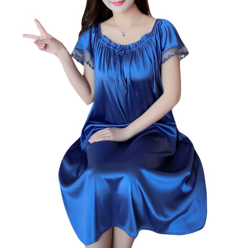 83XC Womens Summer Lace Ice Silk Nightdress Short Sleeve Loose Plus Size Nightgown XL: Blue