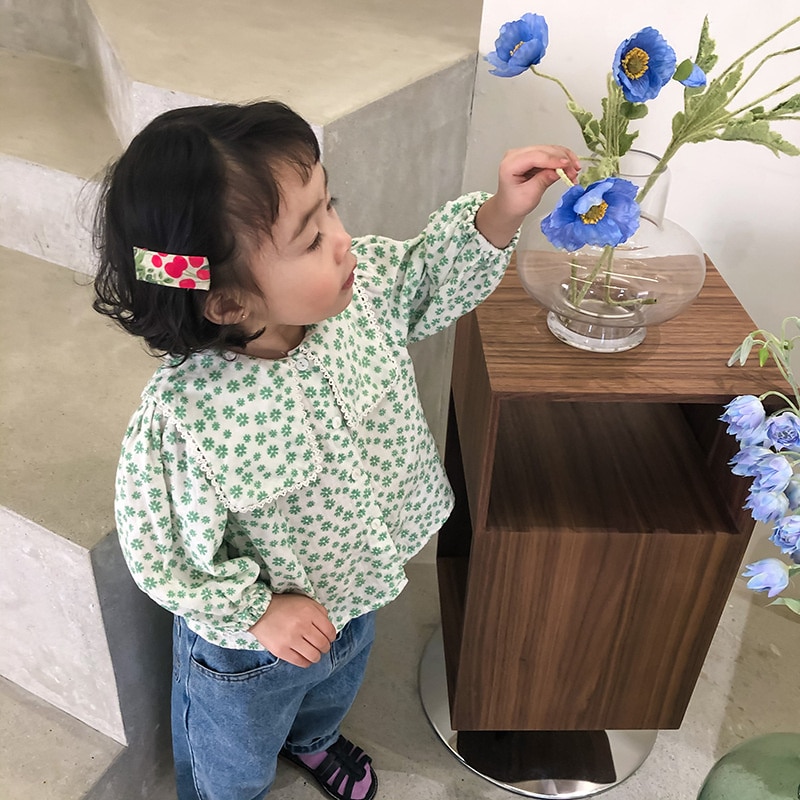 Spring Baby Girls Cute Embroidery Turn-down Collar Shirts Toddler Kids Long Sleeve Floral Tops Clothing: green / 6T