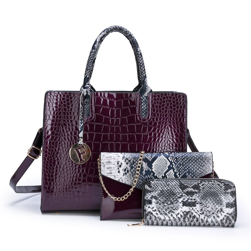Women's PU Leather Handbag Set - 3 Piece Tote & Shoulder Bag - Large Capacity: Purple 3 pieces set