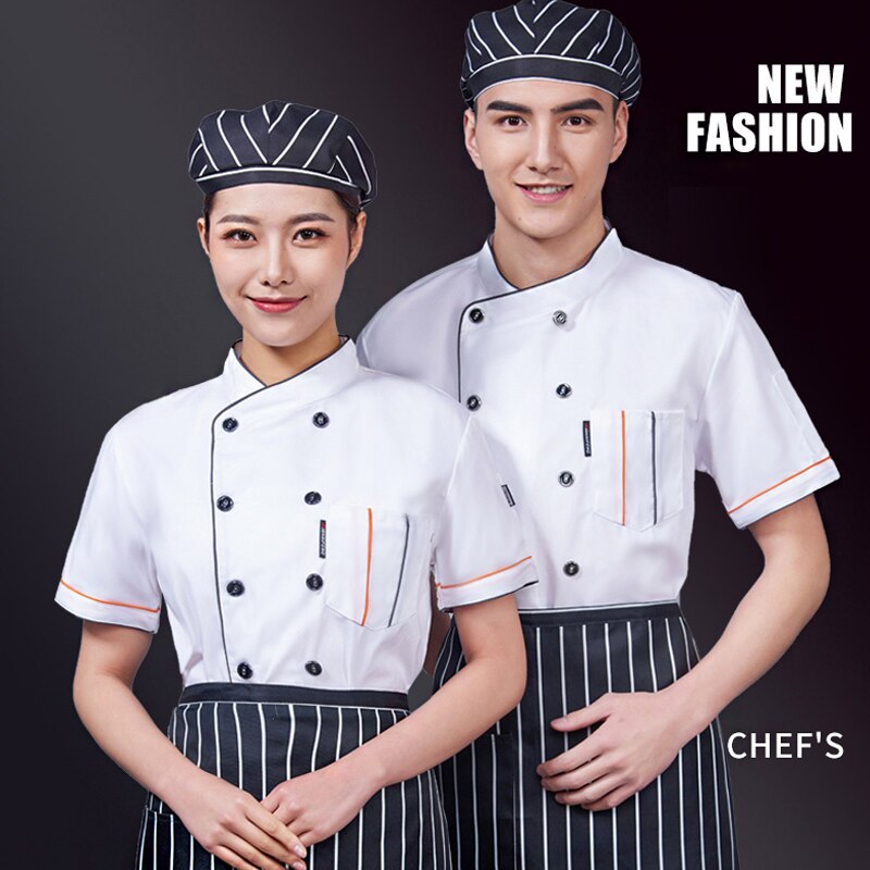 unisex Koch Jacken lässig Kurzarm SchräGen Stehkragen Zweireiher Küche Gastronomie Restaurant Lebensmittel Serive WorkUniform