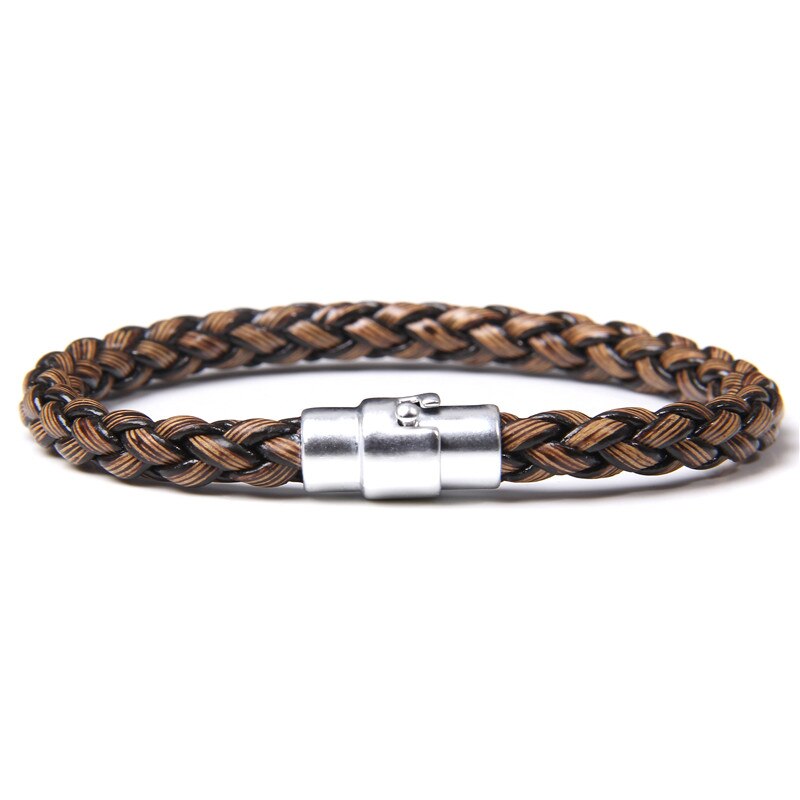 Bracelet tressé en bambou brun pour hommes, bijoux en acier inoxydable, fait à la main, avec boucle magnétique, Bracelet à breloques, pour hommes: Light Silver / 23CM