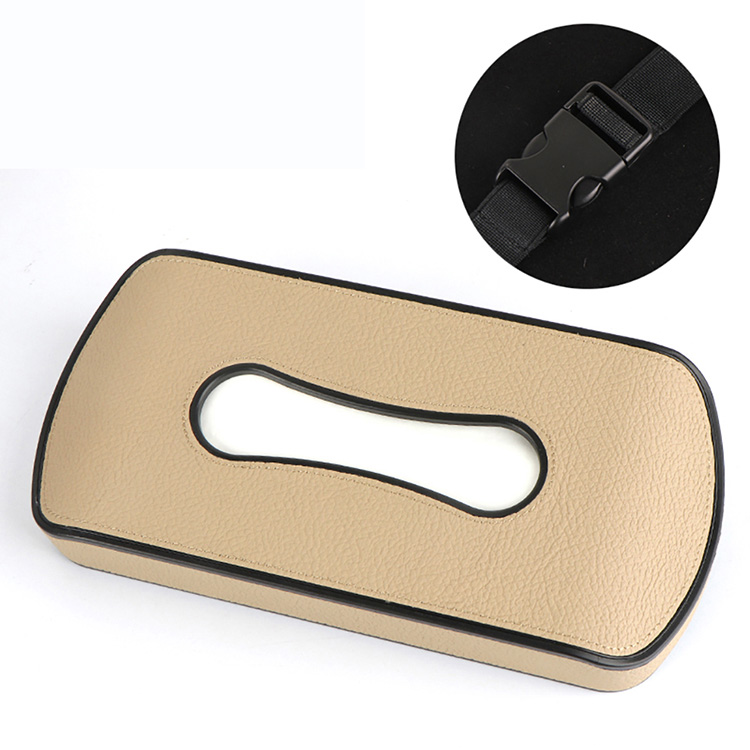 Caja de pañuelos de cuero PU para coche, soporte para visera solar, reposabrazos, colgante, tipo bloque, almacenamiento de servilletas de asiento, color negro y Beige, 1 unidad: Beige-Elastic-band