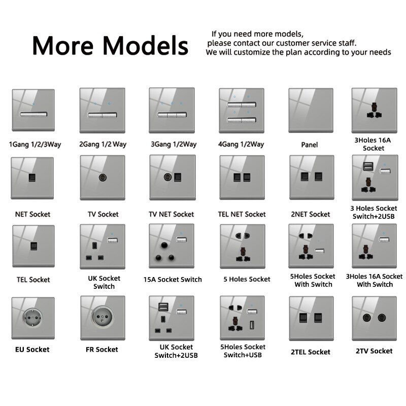 Atlectric Wall Socket Rj45 CAT5 Internet Outlet With TV Outlet Gray Crystal Glass Panel Double Computer Network Socket 86mm*86mm