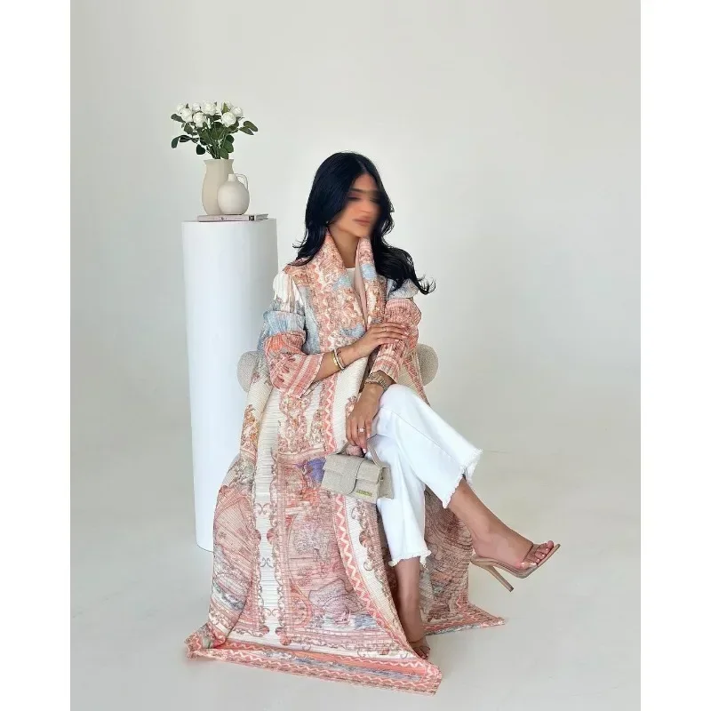 KAF Plissee Frauen Graben Mantel Jahrgang Gedruckt Strickjacke verlieren Plus Größe Frauen Lange Kleid Dubai Weibliche Luxus Abaya 2024