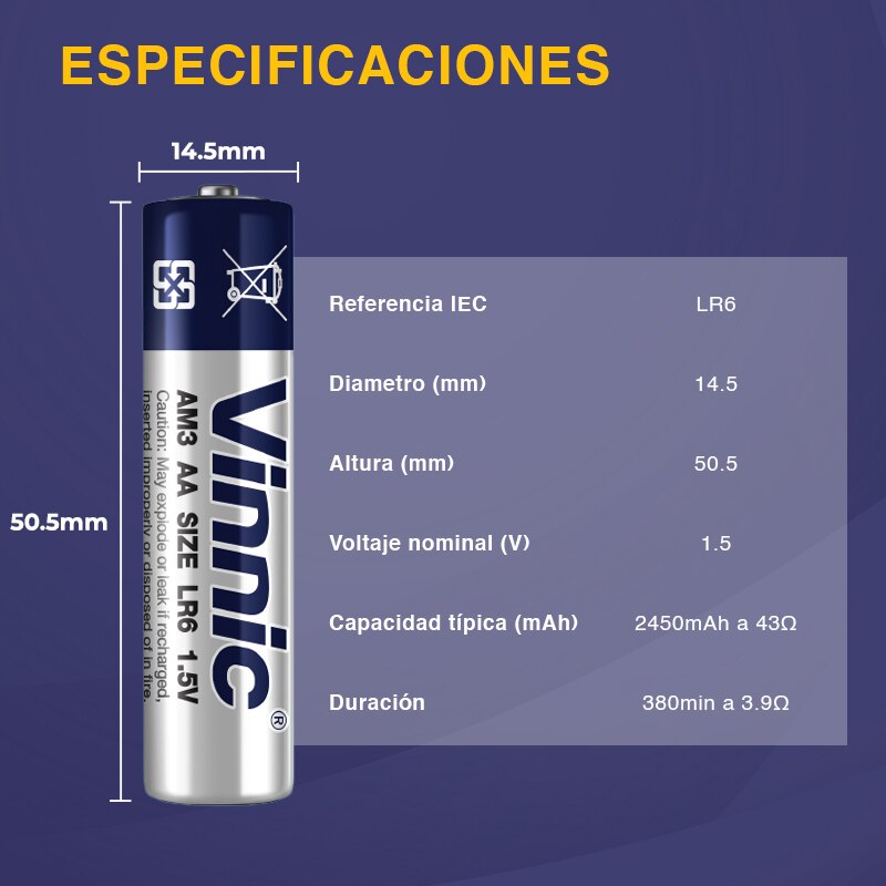 Pilas Vinnic bateria original Alcalina Tipo AA LR6 en blister 40X Unidades