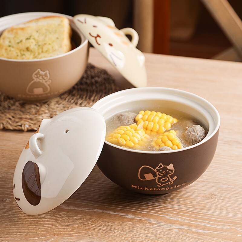 Bol à soupe Ramen avec couvercle en céramique, chat japonais mignon, bols à nouilles, vaisselle de cuisine, plats de service, bol à fruits amusant pour chaton