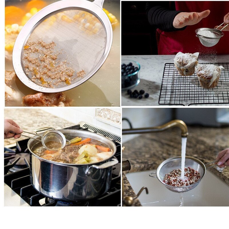 8cm 10cm 20cm rustfrie stålsiler mesh kjøkkensil dørslagsil med langt silikonhåndtak til kjøkken