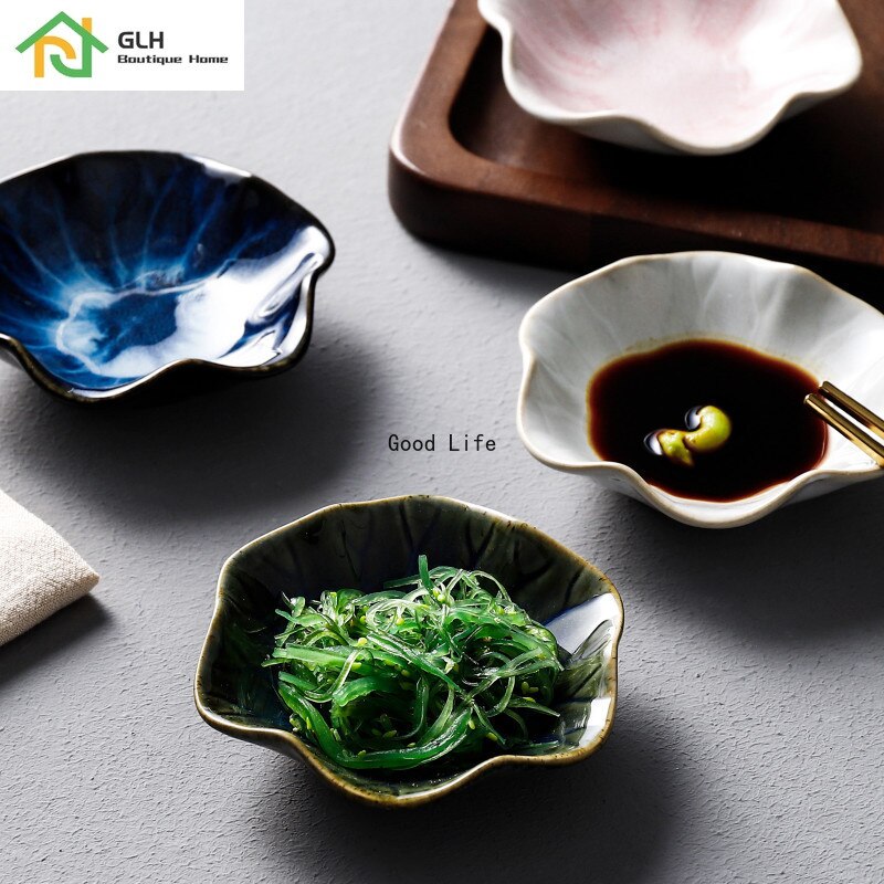 1pc små keramiske tallerkener porcelænsovn glaseret blomst form sauce fad japansk stil pickled dip serveringsfade