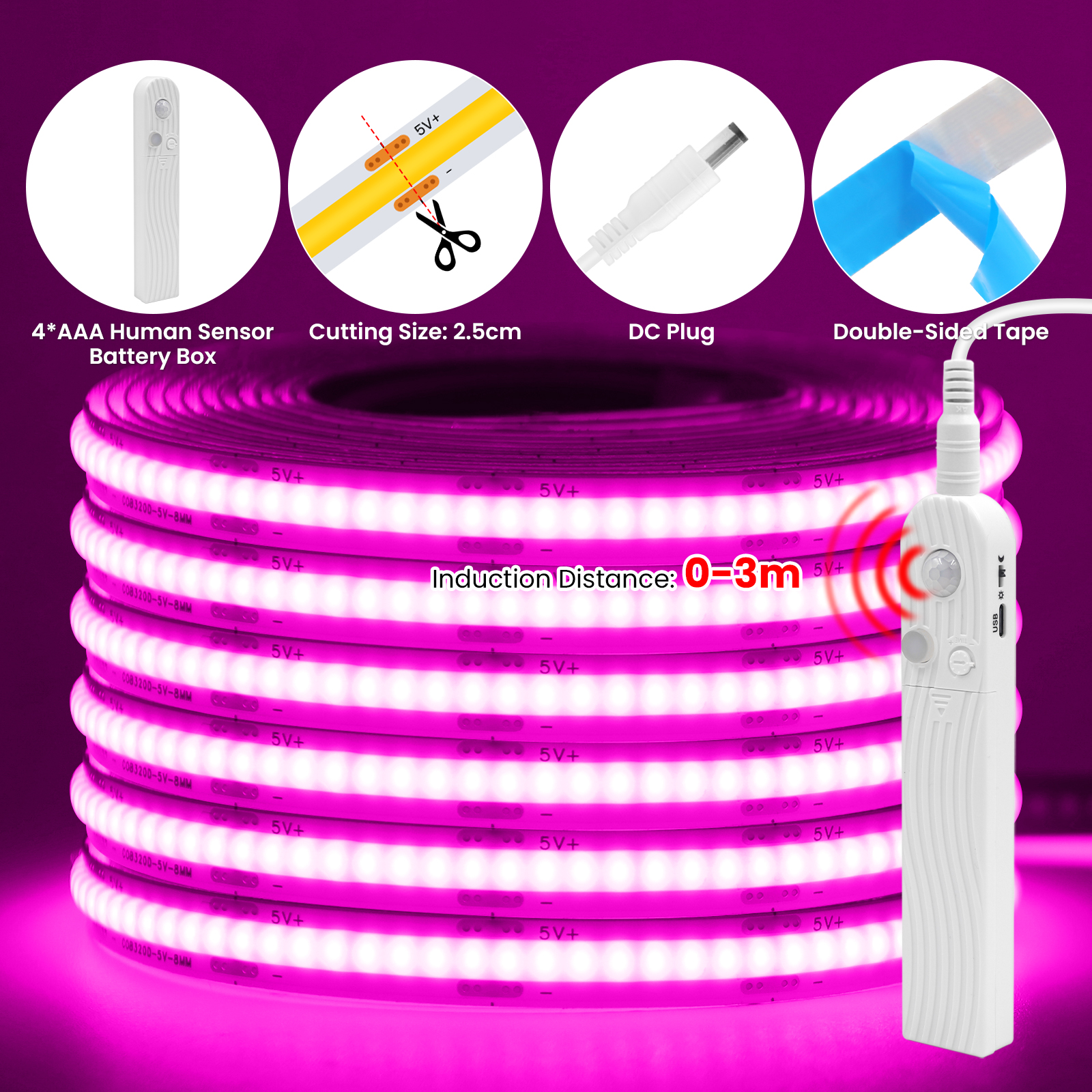 Tira de luces LED COB con Sensor humano, batería 4AAA, cinta LED Flexible regulable de 5V con cinta adhesiva para retroiluminación de armario y dormitorio