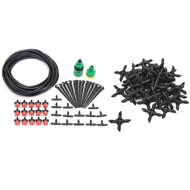 1set Micro-Flow Drip Watering Irrigation Kits System & 100 Packs-Barbed 1/4 Inch Drip Irrigation 4-Way Cross Connector
