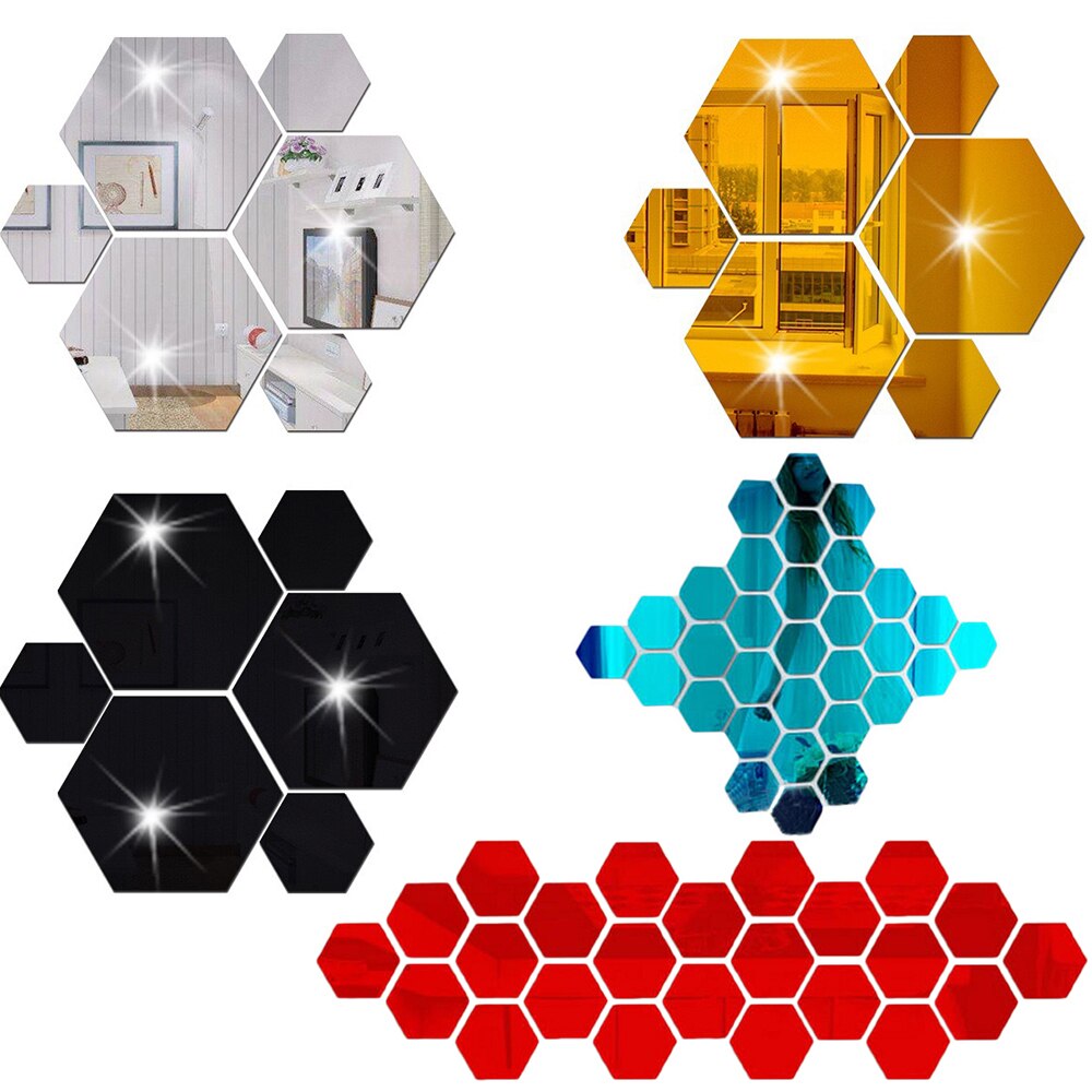 12 Pièces/ensemble BRICOLAGE 3D Miroir Mur Autocollant Hexagone Décor À La Maison Décor De Miroir Autocollants Art Décoration Murale Autocollants multicolore Directe