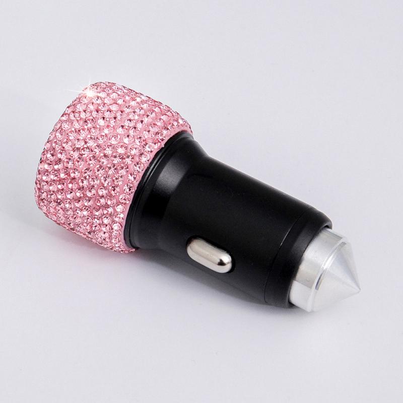 Cargador USB Dual para coche, accesorio para teléfono móvil, tableta, GPS, Cable de diamante de cristal, encendedor de cigarrillos, con Cable USB para teléfono: Pink Lighter