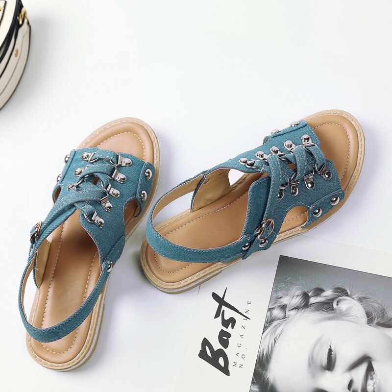 Timetang denim gladiator sandaler kvinder flade sandaler dame platform sandaler sommer sko kvinde sandaler femmese 402