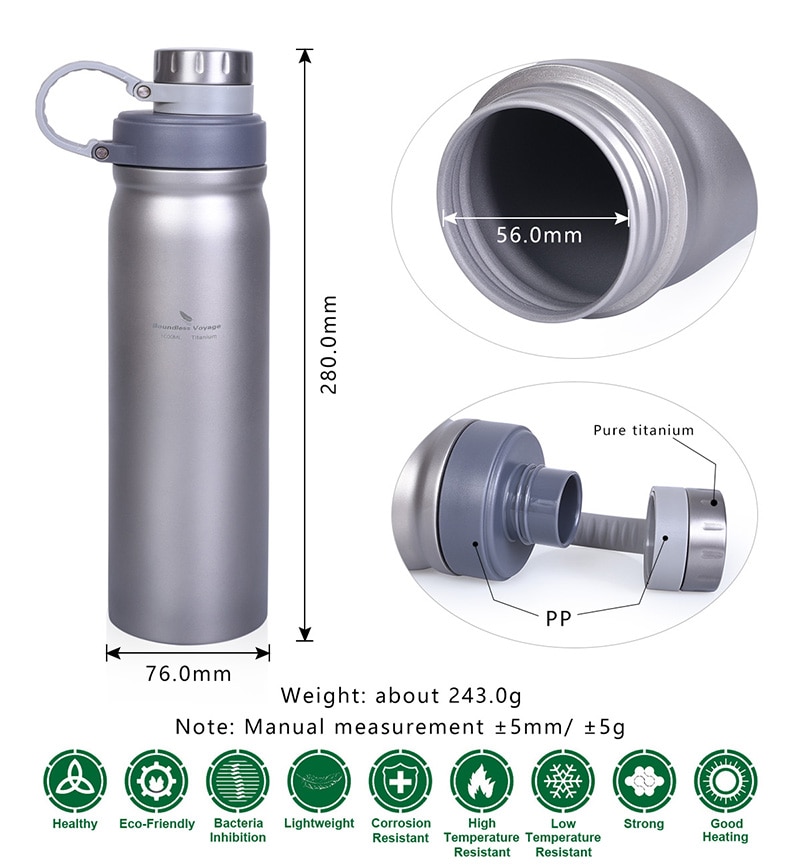 Boundless Voyage Titanium Bottle with Leak Proof Lid Outdoor Camping Hiking Sports Water Bottle Soup Tea Drinkware 1000ml