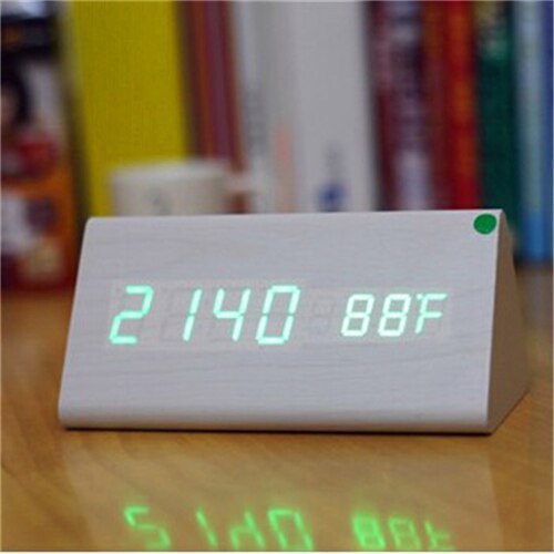 triangular wooden clock,sound control,thermometer,4 color LED display,digital desktop bedroom alarm clock on desk: white clock green