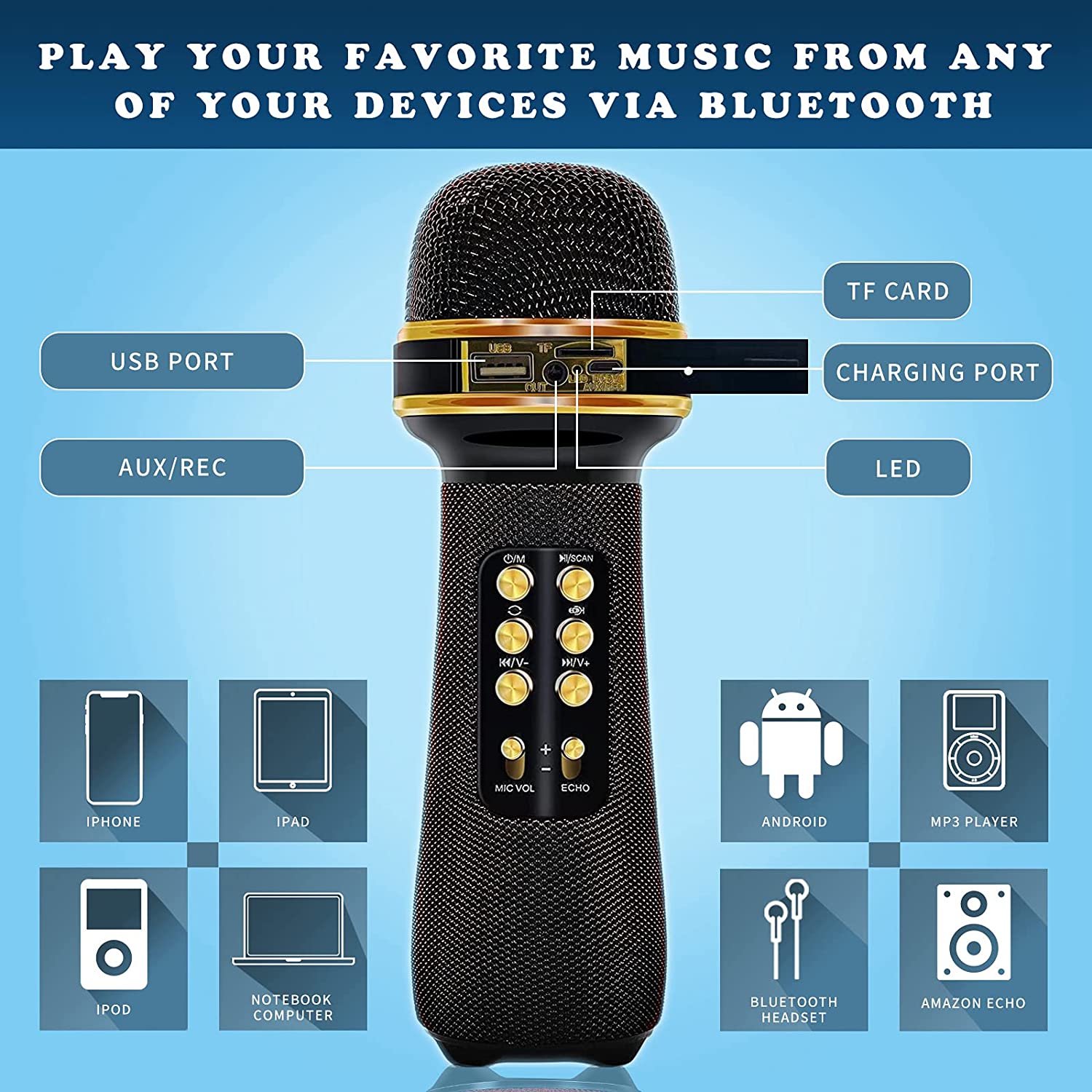 Microphone karaoké sans fil Bluetooth, 7 en 1, Portable, haut-parleur, pour fête à domicile, pour tous les Smartphones